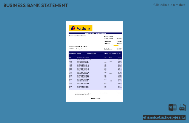 Deutsche Postbank Firmenkontoauszug (Beispiel-Word- und PDF-Datei)